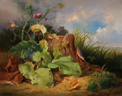 Still Life with Thistles, Bellflowers, Rose Hips, and a Nuthatch by Joseph Schuster
